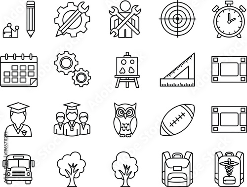 Minimalist Education Line Icon Set Featuring Graduation Caps, School Bus, Trees, Backpacks, Owls, Football, Alarm Clocks, And Technical Learning Tools, For Students.