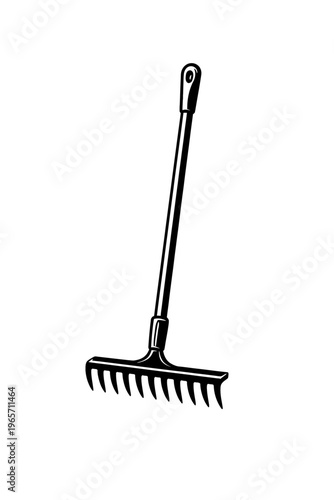 A black and white illustration of a garden rake with a long handle and multiple tines for yard work and gardening tasks.
