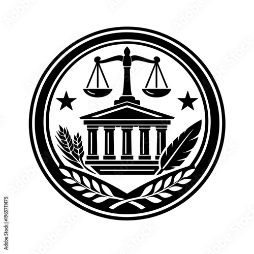 Black and white icon of a courthouse with scales of justice and laurel wreath, symbolizing law and order, justice and fairness concept