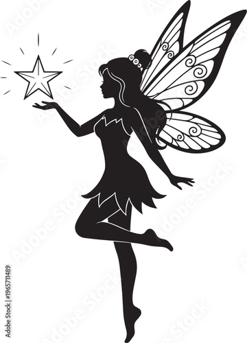 Magical fairy silhouette with butterfly wings and glowing star, black fantasy pixie vector illustration, mythical female character for storybook design