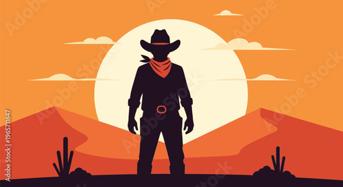 Western cowboy, desert landscape, vector silhouette, orange sunset