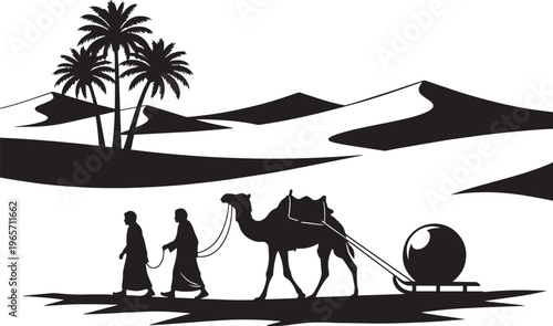 Desert caravan silhouette with camel and bedouins, sand dunes and palm trees landscape, ancient middle eastern travel scene vector illustration