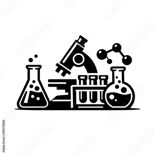 Black and white illustration of laboratory equipment with microscope and test tubes for science and research