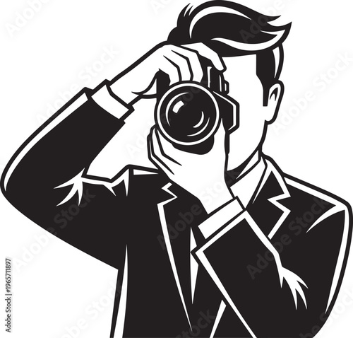 Professional photographer vector illustration, man in suit holding dslr camera, black and white paparazzi character icon, photography business logo