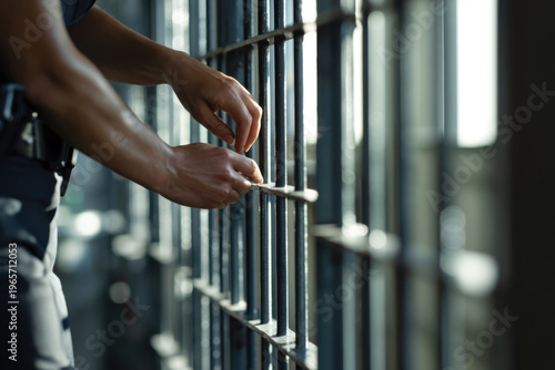 A focused shot of a security officer's hands repairing jail bars, representing themes of justice, confinement, and the responsibilities of law enforcement.