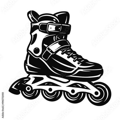 Black and white illustration of a single roller skate with four wheels
