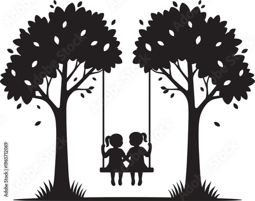 Black silhouette of two girls on a swing between trees, childhood friendship in nature vector, sisters playing in garden park illustration