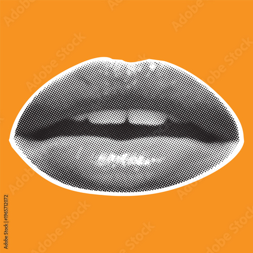 Retro halftone collage lips for use in mixed media designs. Dotted pop art style human mouth smile with half-tone texture. V