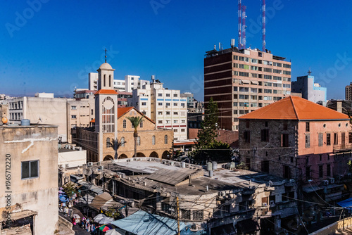 Skyline of Sidon town with Melkite Greek Catholic Archeparchy of Sidon, Lebanon