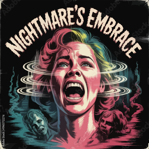 A haunting visual of a woman screaming under the title nightmare’s embrace isolated on white background, Vector, illustration