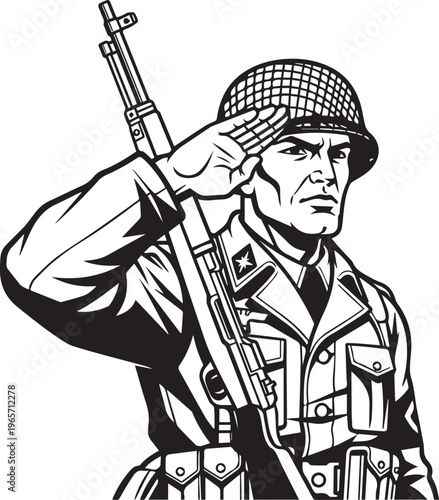 Vintage military soldier saluting with rifle, black and white army infantry man vector, heroic world war era soldier in uniform and helmet
