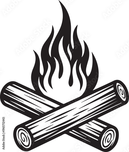 Bonfire with crossed wood logs silhouette vector design for camping and outdoor adventure