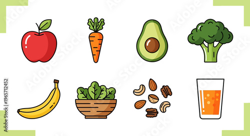 Set of Fresh Fruits and Nuts Vector Illustration for Healthy Lifestyle Design