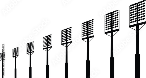 Stadium floodlight silhouettes set sports arena lighting towers isolated on white background night illumination equipment vector illustration design
