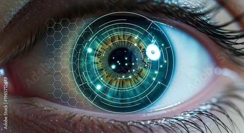 Eye with futuristic technology, scanning and analyzing data.