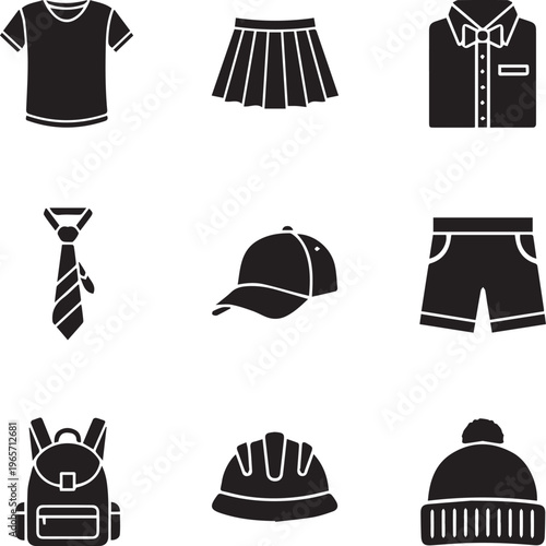 Fashion clothing icons, outfit elements, accessories set, black and white graphics