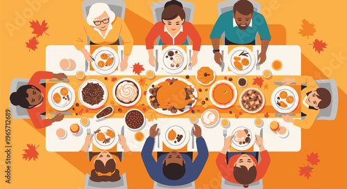 Family Gathering Around Thanksgiving Dinner Table.