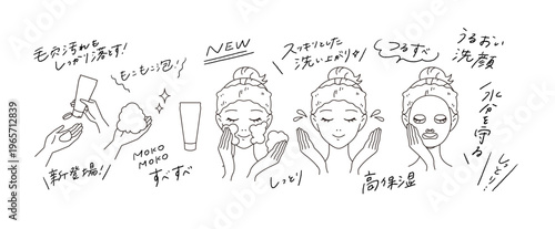 Tableau sur toile 洗顔・スキンケアをしている女性/洗顔料の使用方法と手書きあしらい文字のベクターイラスト素材 ector illustration of a woman washing her face and taking care of her skin / Vector illustration of a woman using a facial cleanser