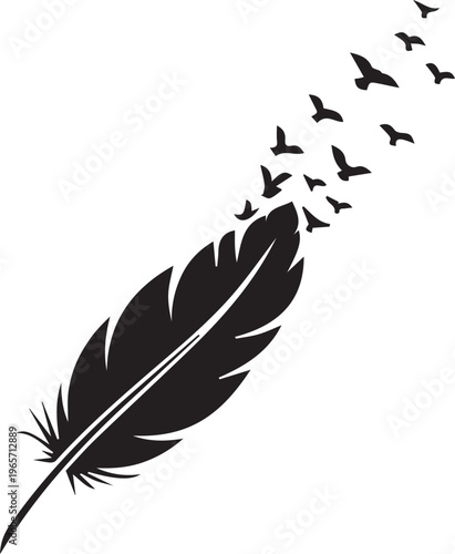 Minimalist feather silhouette with flying birds, black ink quill transforming into bird flock, symbolic freedom and spiritual vector art