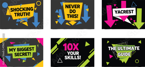 YouTube Thumbnail Banner Set with Bold Text Frames Arrows and Geometric Shapes for Social Media Video Cover Design