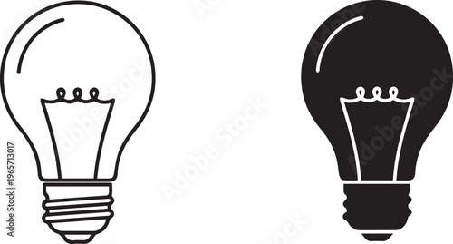 Minimalist light bulb vector icons, black and white incandescent lamp symbols, creative idea and innovation concept graphics for business