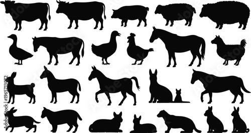 Collection of Silhouettes of Farm Animals - Cow, Sheep, Horse, Duck, Rabbit, Dog, Rooster, and More