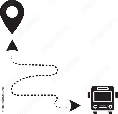 Bus route map icon with dashed line and location pin, public transport navigation vector, transit tracking and destination waypoint graphic