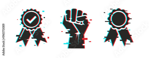 Award ribbons and raised fist icons indicating achievement and solidarity. Glitch effect