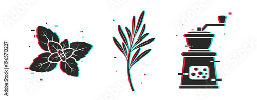 Herbal icons showing leaf, sprig, and spice grinder on white. Glitch effect