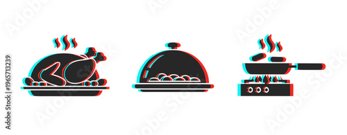 Cooked food and serving icons illustrating meal preparation. Glitch effect