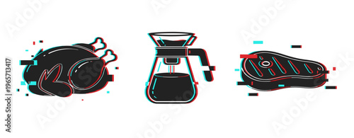 Cooked chicken, coffee carafe, and steak icons on white background. Glitch effect