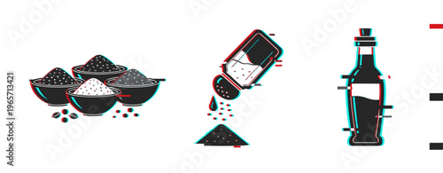 Condiment and seasoning icons showing spices, salt and oil on white. Glitch effect