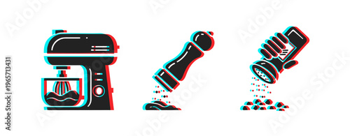 Stand mixer and spice shakers seasoning on white background. Glitch effect