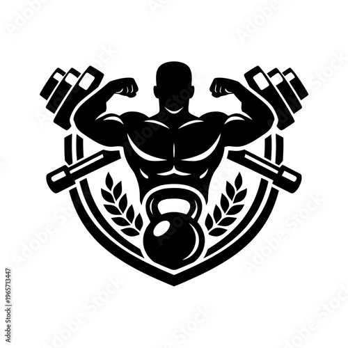 Muscular man flexing with dumbbells and kettlebell shield logo for fitness and gym concepts