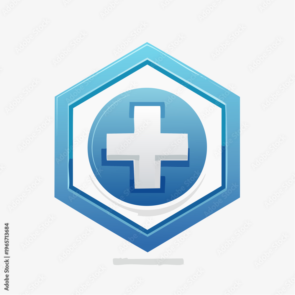 Obraz premium Modern glossy blue hexagon and circle icon with white plus sign, symbolizing addition, creation, or medical care