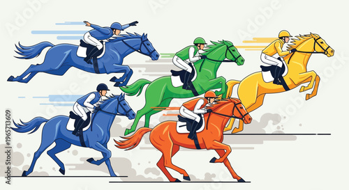 Colorful horse racing, horse riders, equestrian sports, vector icons