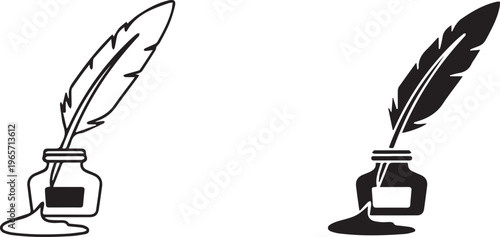 Feather Quill Pen with Inkwell Silhouette Vector Icon for Vintage Literature and Writing Design