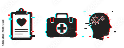 Health clipboard first aid kit and virus head icons on white. Glitch effect