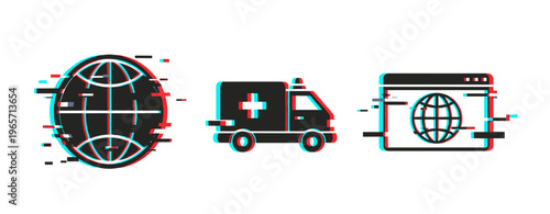 Globe icon, ambulance vehicle, web browser globe on white. Glitch effect