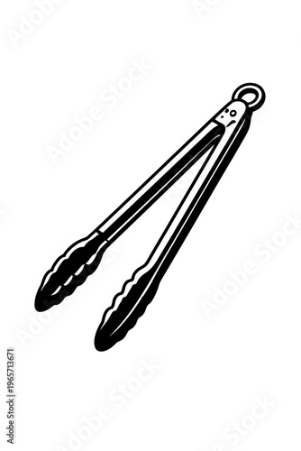 Black and white illustration of kitchen tongs on white background