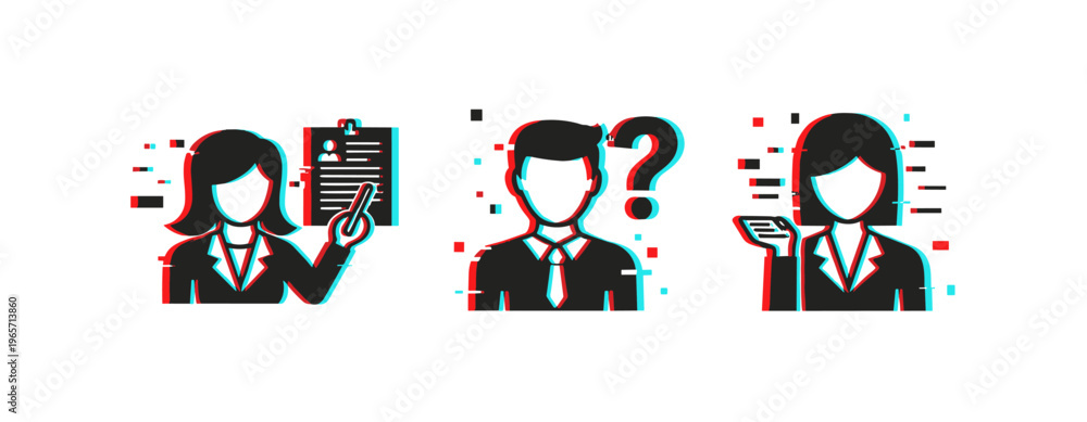Fototapeta premium Business people presenting and questioning in office icons. Glitch effect