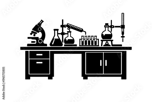 Black silhouette of a laboratory workbench with scientific equipment including a microscope, beakers, test tubes, and a Bunsen burner on a white background