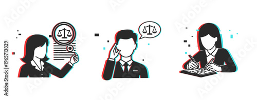 Business people presenting legal scales and taking notes in office setting. Glitch effect