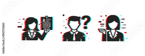 Business people presenting and questioning in office icons. Glitch effect