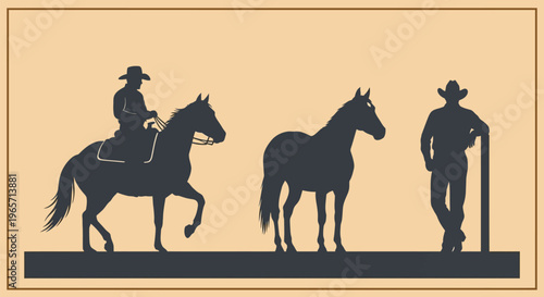 Western cowboy silhouettes, horseback rider, horse, and cowboy standing, rustic ranch icons, eps vector graphics