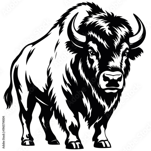 A black and white illustration of a muscular bull with large horns standing on a plain background, looking forward with a fierce expression.