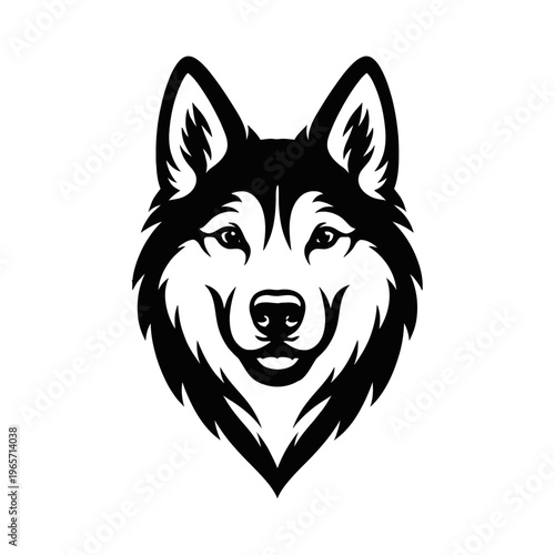Black and white husky dog face illustration with pointed ears and furry texture on a white background
