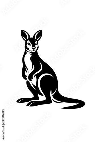 Black and white illustration of a kangaroo sitting on its haunches looking forward with perked up ears on a plain background