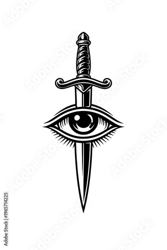 A black and white illustration of a dagger piercing an eye, symbolizing insight and vigilance in a striking visual representation.