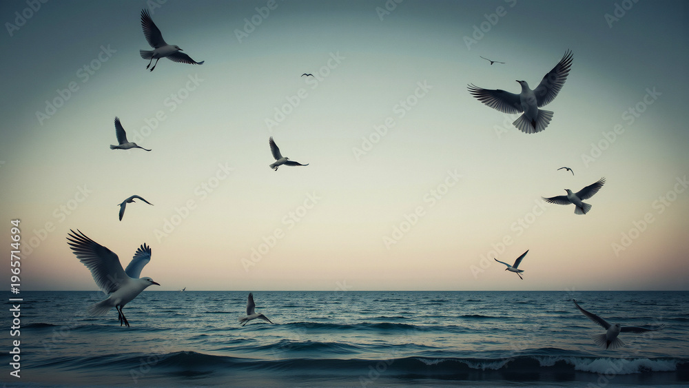Fototapeta premium Seagulls flying over calm ocean water at dusk